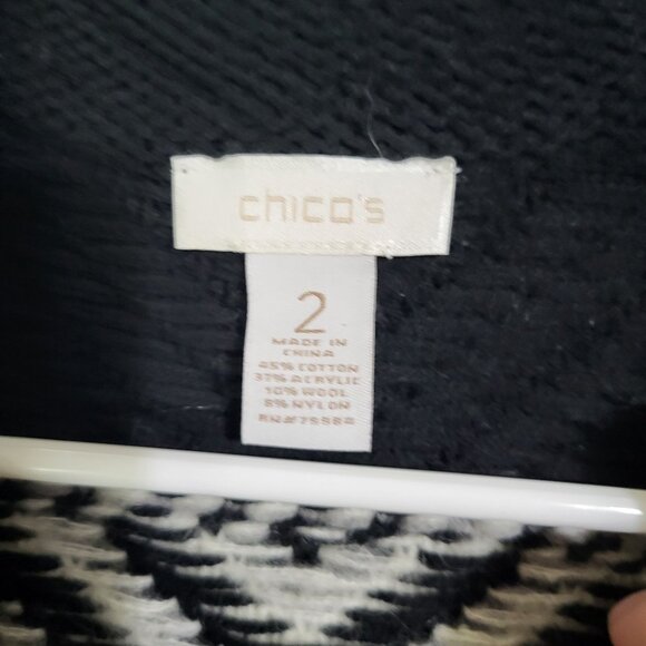 Chico's Size 2 Women's Black Blue Chevron Geometric Knit Long Cardigan Sweater - Picture 4 of 9